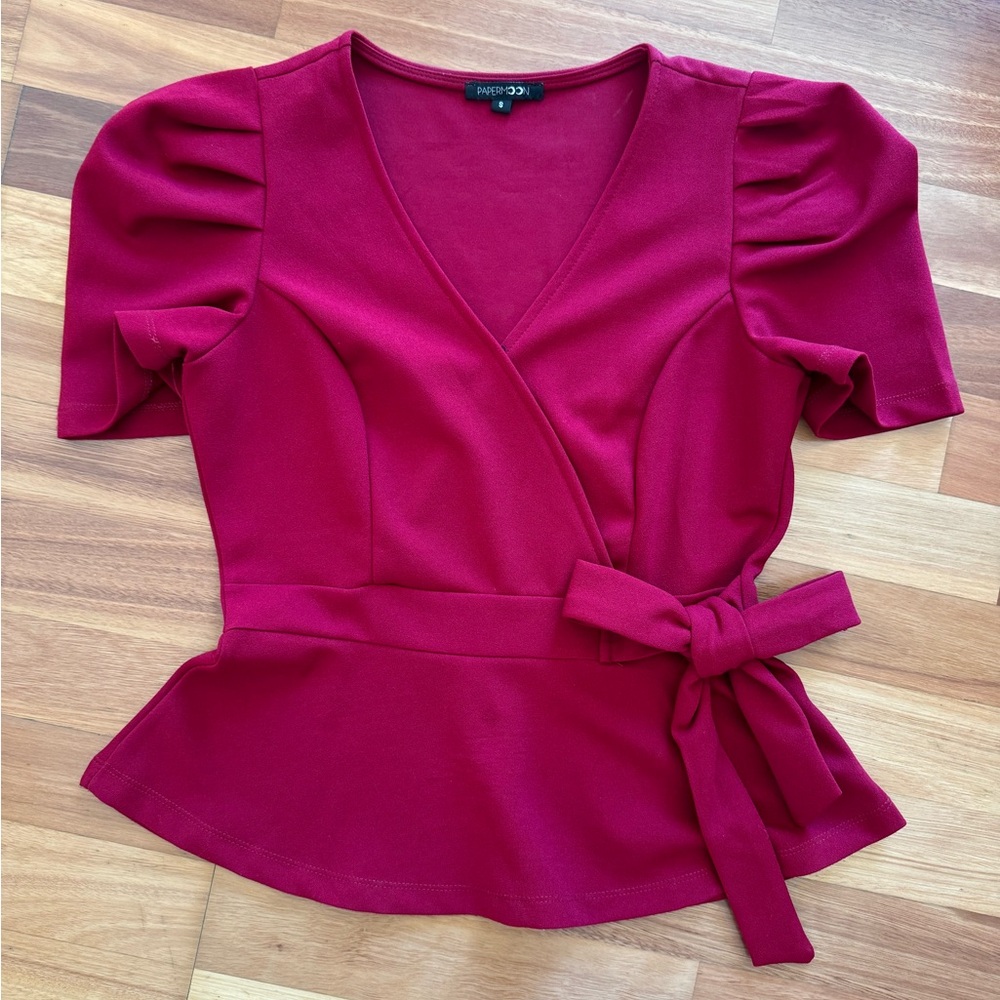 Burgundy Peplum Blouse Puff Sleeves With Attached Belt Small